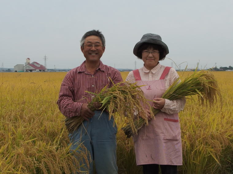 つや姫の作柄を確認して喜ぶ菅原夫婦