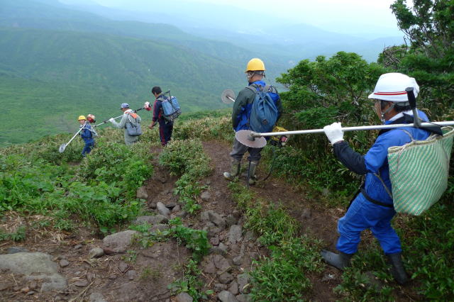 タケノコ山の道刈りに向かう羽黒山菜組合の人たち