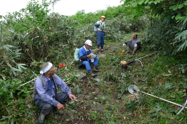 タケノコ山の道刈りで小休止する羽黒山菜組合の人たち