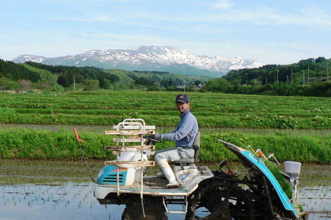 霊峰月山を背に田植えする齋藤　力